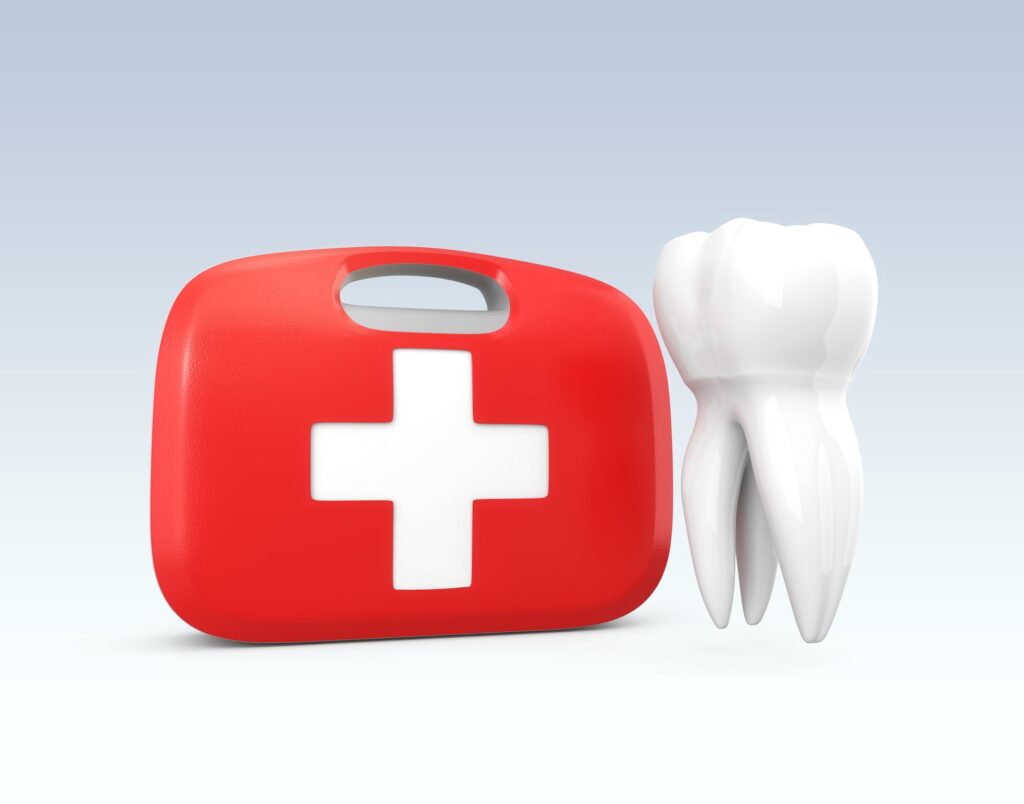 emergency dental image of a red dentist's bag next to a tooth